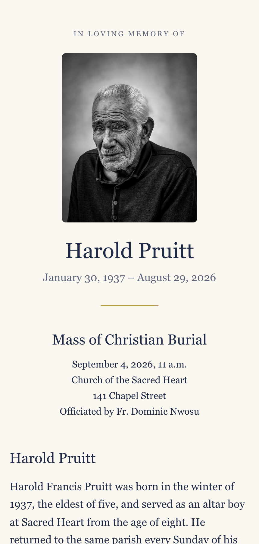 Harold Pruitt's memorial page on a phone