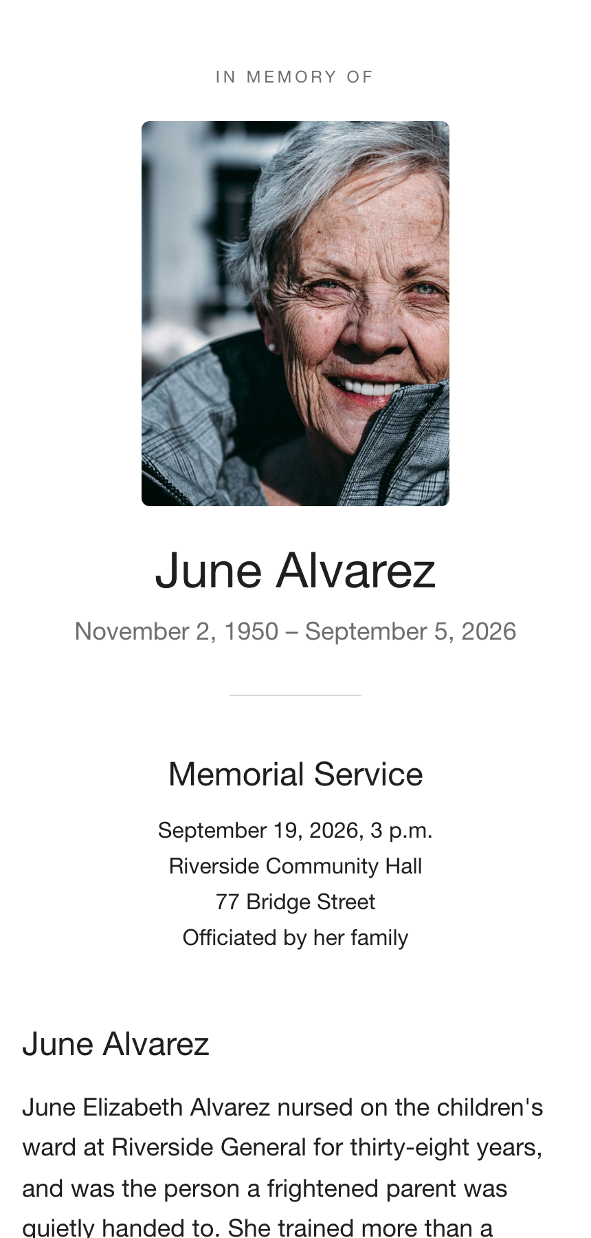 June Alvarez's memorial page on a phone