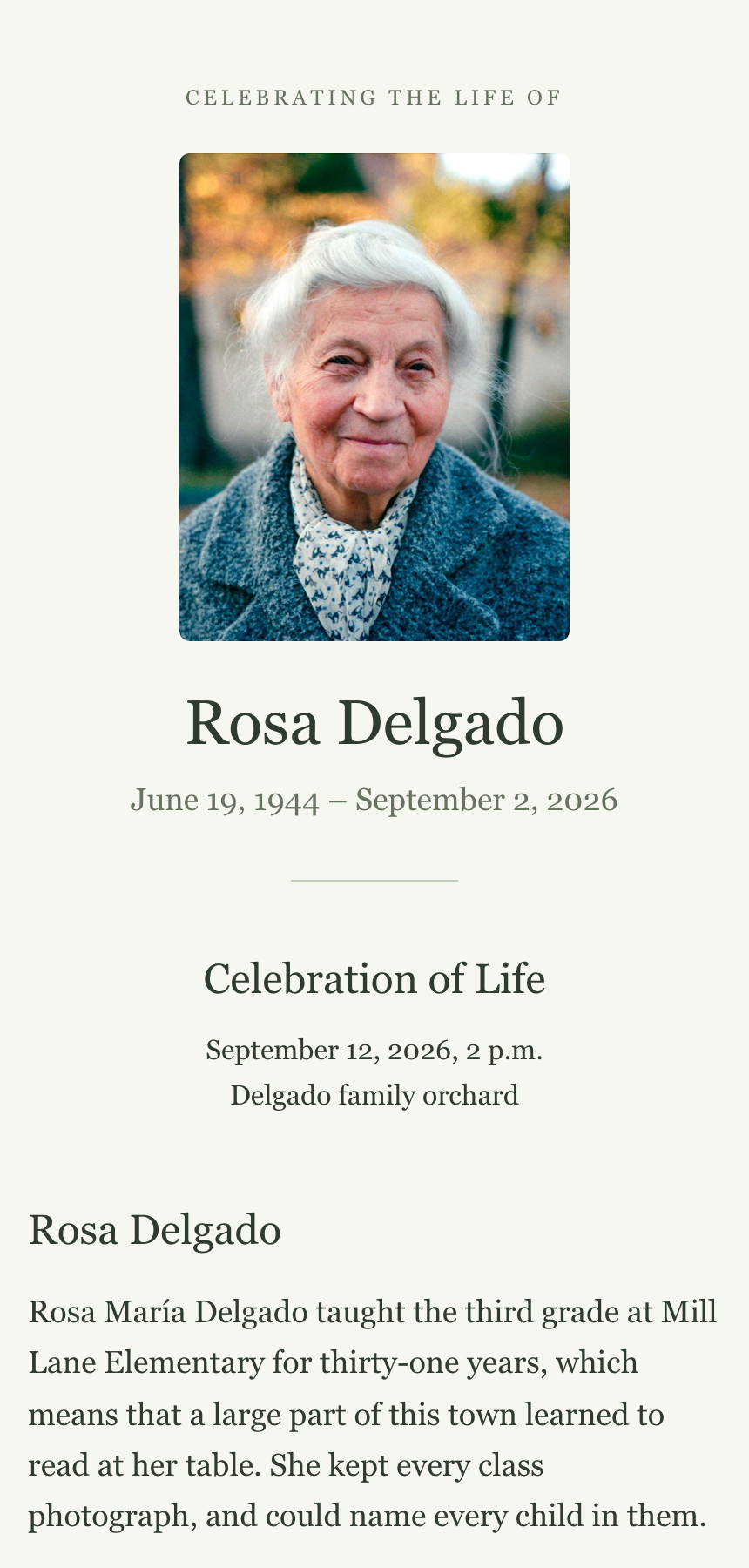 Rosa Delgado's memorial page on a phone