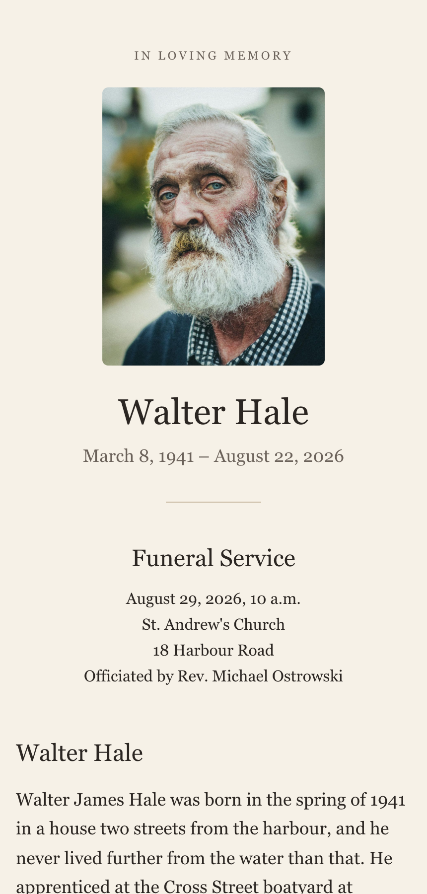Walter Hale's memorial page on a phone